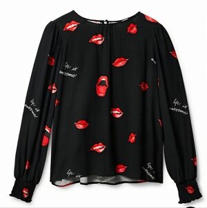 NWT Desigual Sz XS Funky Red Lips Balloon Sleeve Blouse